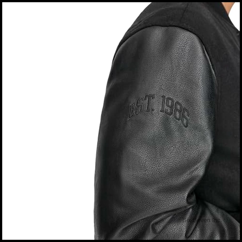 Varsity Bomber Jacket Mixed Media Faux Leather Wool Blend Retro Classic - Picture 6 of 7